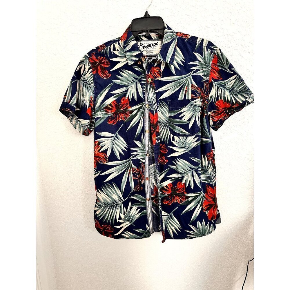 MBX Denim Wear Men’s‎ Button Up Shirt Tropical Floral Hawaiian Blue Size M